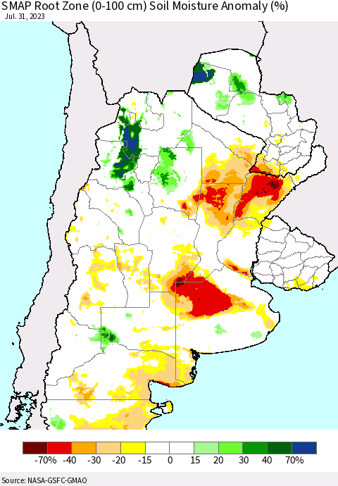 Southern South America SMAP Root Zone (0-100 cm) Soil Moisture Anomaly (%) Thematic Map For 7/26/2023 - 7/31/2023