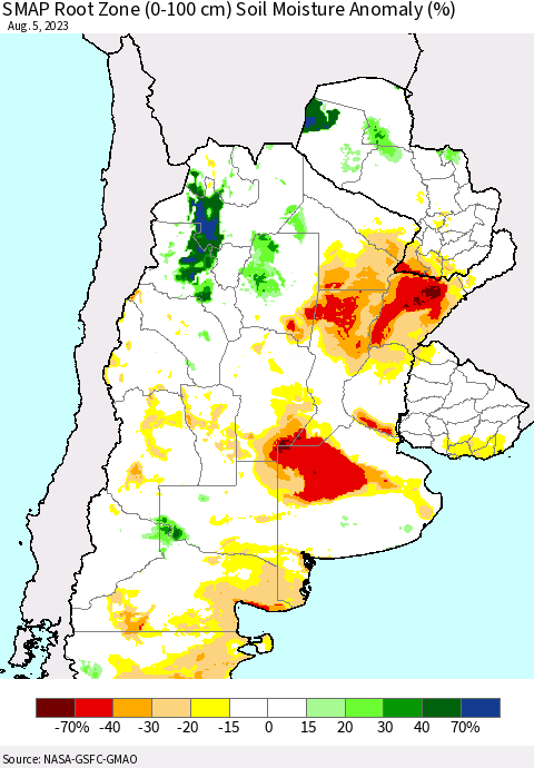 Southern South America SMAP Root Zone (0-100 cm) Soil Moisture Anomaly (%) Thematic Map For 8/1/2023 - 8/5/2023