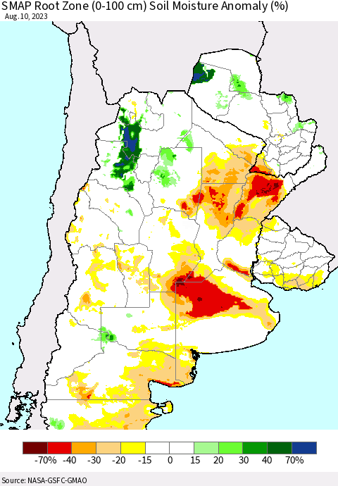 Southern South America SMAP Root Zone (0-100 cm) Soil Moisture Anomaly (%) Thematic Map For 8/6/2023 - 8/10/2023