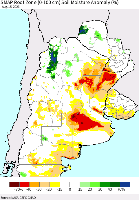 Southern South America SMAP Root Zone (0-100 cm) Soil Moisture Anomaly (%) Thematic Map For 8/11/2023 - 8/15/2023
