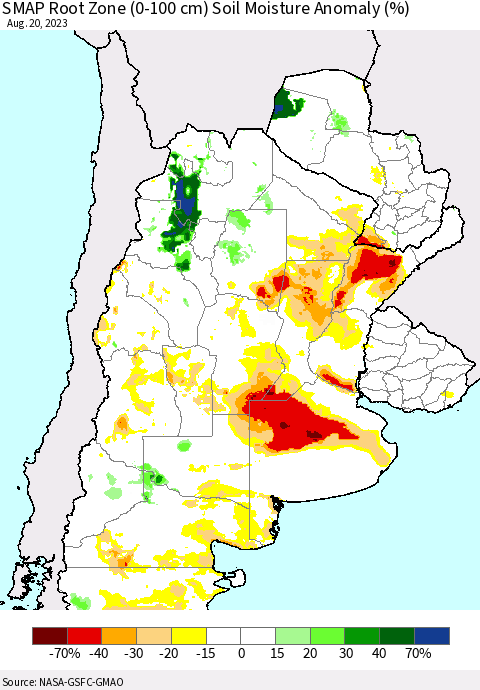 Southern South America SMAP Root Zone (0-100 cm) Soil Moisture Anomaly (%) Thematic Map For 8/16/2023 - 8/20/2023