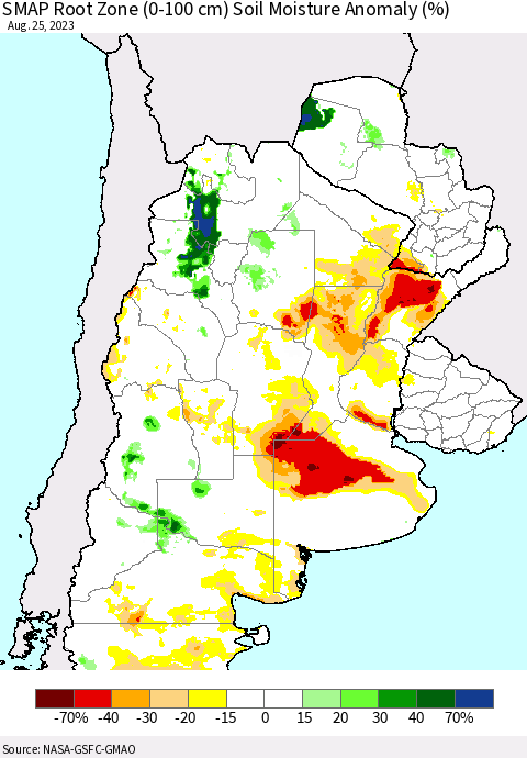 Southern South America SMAP Root Zone (0-100 cm) Soil Moisture Anomaly (%) Thematic Map For 8/21/2023 - 8/25/2023