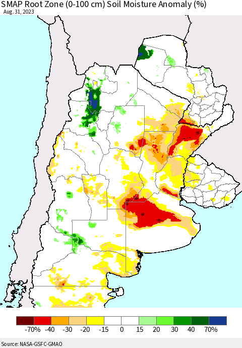 Southern South America SMAP Root Zone (0-100 cm) Soil Moisture Anomaly (%) Thematic Map For 8/26/2023 - 8/31/2023