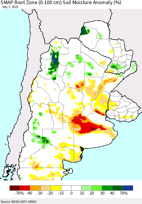 Southern South America SMAP Root Zone (0-100 cm) Soil Moisture Anomaly (%) Thematic Map For 9/1/2023 - 9/5/2023