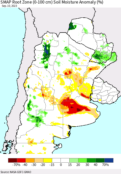 Southern South America SMAP Root Zone (0-100 cm) Soil Moisture Anomaly (%) Thematic Map For 9/6/2023 - 9/10/2023