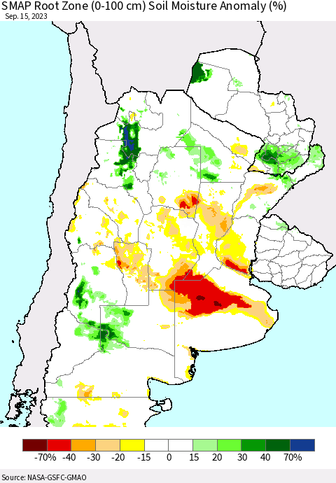 Southern South America SMAP Root Zone (0-100 cm) Soil Moisture Anomaly (%) Thematic Map For 9/11/2023 - 9/15/2023