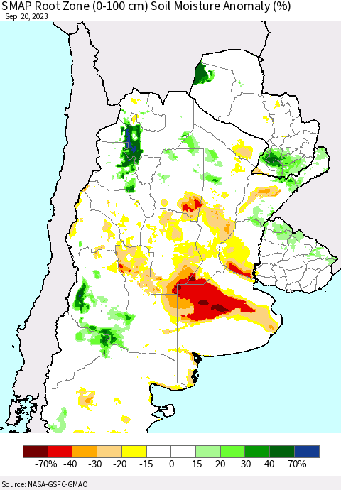 Southern South America SMAP Root Zone (0-100 cm) Soil Moisture Anomaly (%) Thematic Map For 9/16/2023 - 9/20/2023