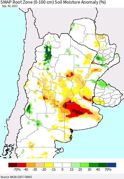 Southern South America SMAP Root Zone (0-100 cm) Soil Moisture Anomaly (%) Thematic Map For 9/26/2023 - 9/30/2023