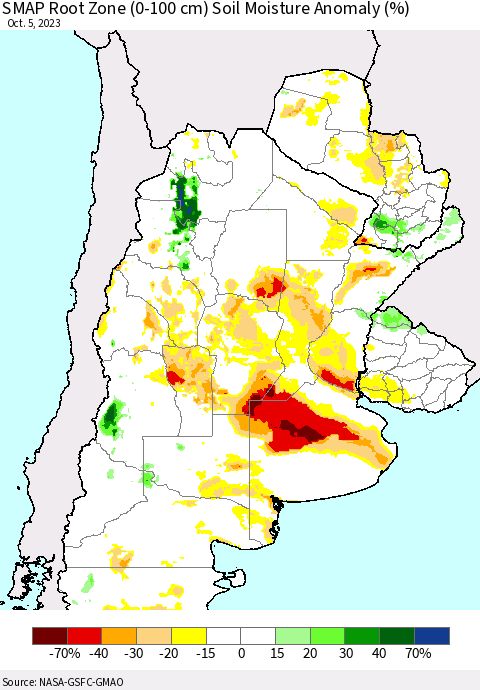 Southern South America SMAP Root Zone (0-100 cm) Soil Moisture Anomaly (%) Thematic Map For 10/1/2023 - 10/5/2023