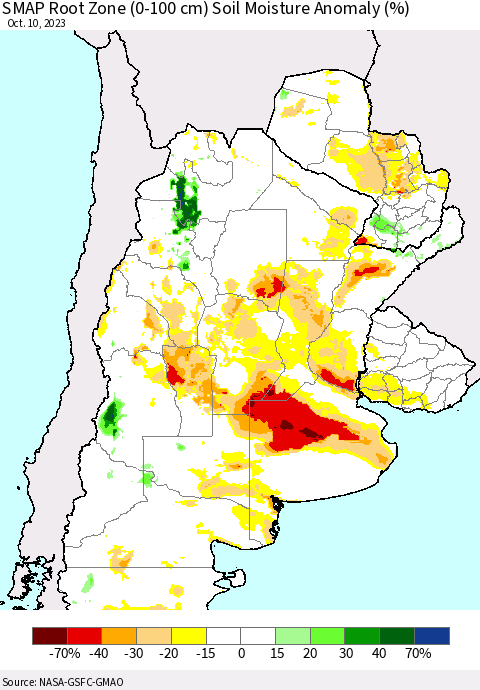 Southern South America SMAP Root Zone (0-100 cm) Soil Moisture Anomaly (%) Thematic Map For 10/6/2023 - 10/10/2023