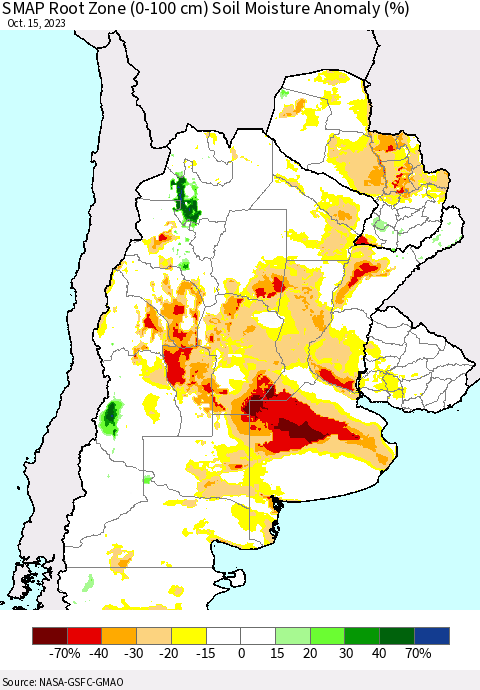 Southern South America SMAP Root Zone (0-100 cm) Soil Moisture Anomaly (%) Thematic Map For 10/11/2023 - 10/15/2023