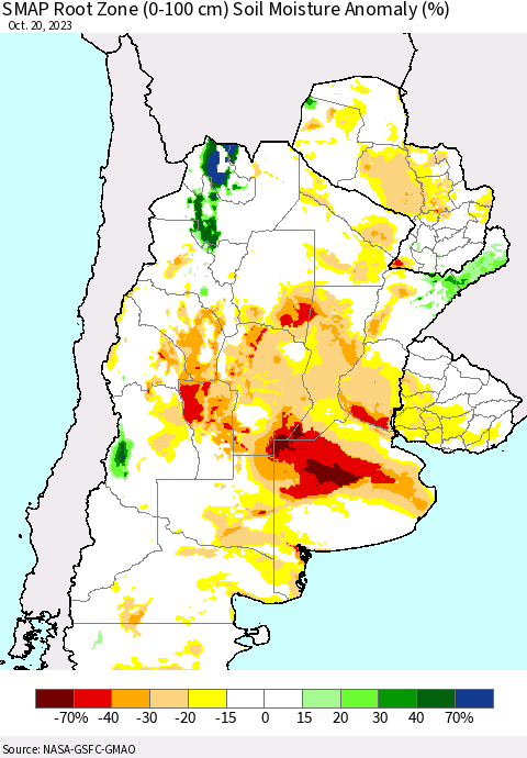 Southern South America SMAP Root Zone (0-100 cm) Soil Moisture Anomaly (%) Thematic Map For 10/16/2023 - 10/20/2023