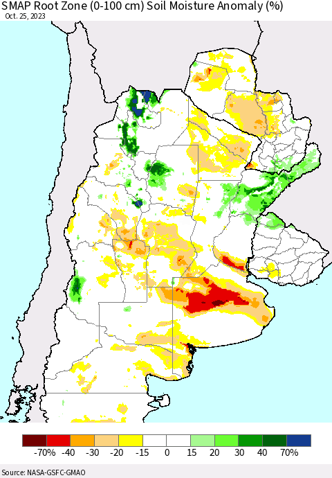 Southern South America SMAP Root Zone (0-100 cm) Soil Moisture Anomaly (%) Thematic Map For 10/21/2023 - 10/25/2023