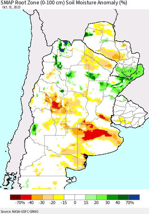 Southern South America SMAP Root Zone (0-100 cm) Soil Moisture Anomaly (%) Thematic Map For 10/26/2023 - 10/31/2023