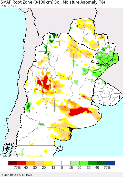 Southern South America SMAP Root Zone (0-100 cm) Soil Moisture Anomaly (%) Thematic Map For 11/1/2023 - 11/5/2023