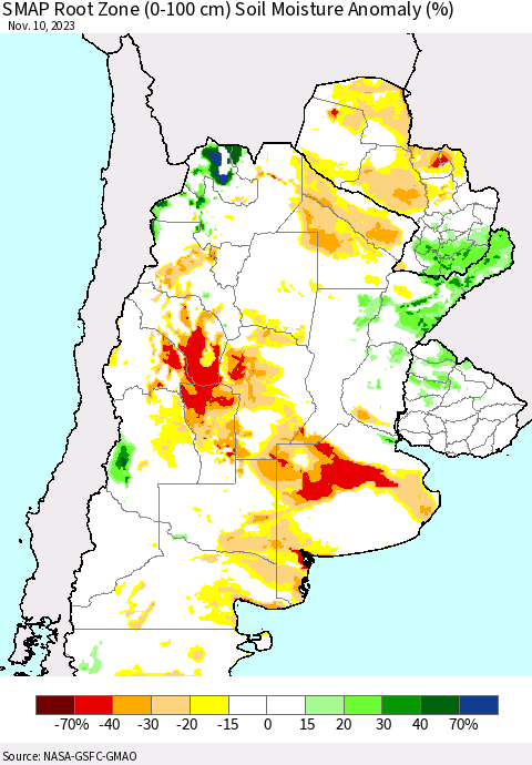 Southern South America SMAP Root Zone (0-100 cm) Soil Moisture Anomaly (%) Thematic Map For 11/6/2023 - 11/10/2023