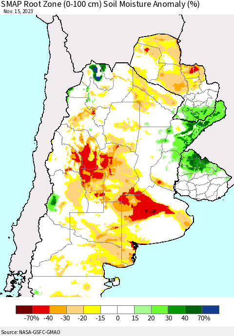 Southern South America SMAP Root Zone (0-100 cm) Soil Moisture Anomaly (%) Thematic Map For 11/11/2023 - 11/15/2023
