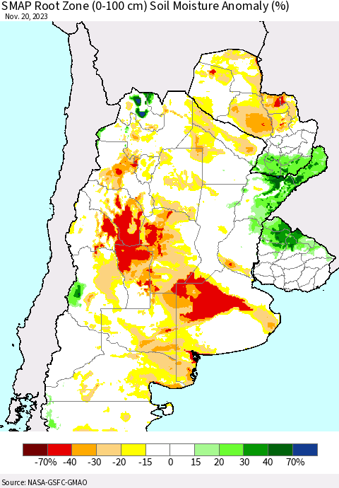 Southern South America SMAP Root Zone (0-100 cm) Soil Moisture Anomaly (%) Thematic Map For 11/16/2023 - 11/20/2023