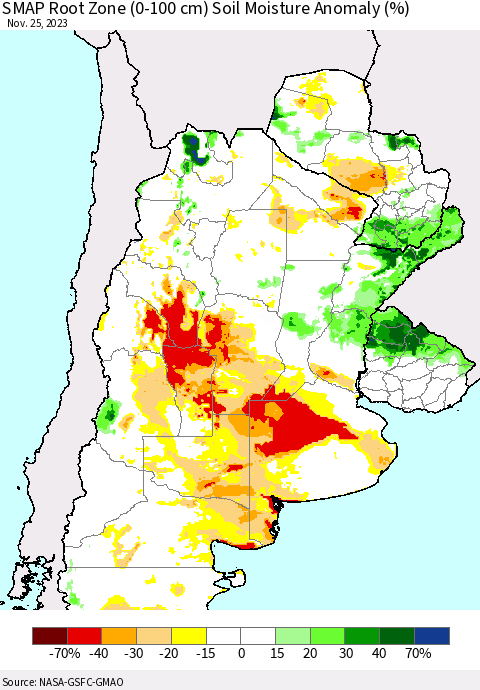 Southern South America SMAP Root Zone (0-100 cm) Soil Moisture Anomaly (%) Thematic Map For 11/21/2023 - 11/25/2023