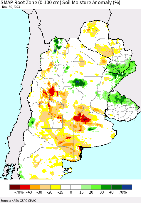 Southern South America SMAP Root Zone (0-100 cm) Soil Moisture Anomaly (%) Thematic Map For 11/26/2023 - 11/30/2023