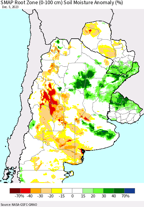 Southern South America SMAP Root Zone (0-100 cm) Soil Moisture Anomaly (%) Thematic Map For 12/1/2023 - 12/5/2023