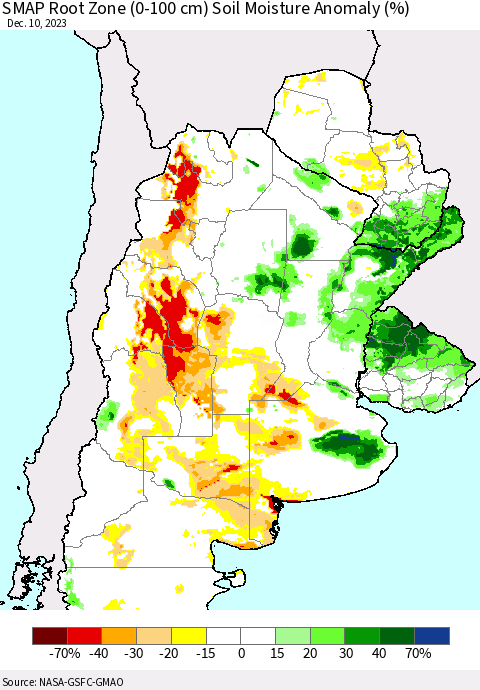 Southern South America SMAP Root Zone (0-100 cm) Soil Moisture Anomaly (%) Thematic Map For 12/6/2023 - 12/10/2023