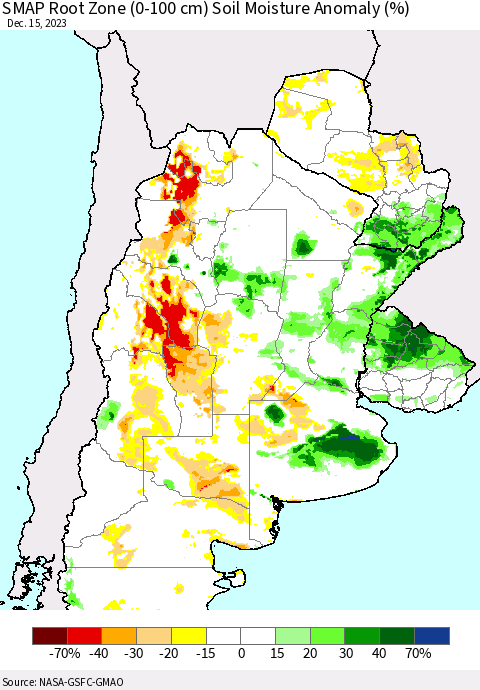 Southern South America SMAP Root Zone (0-100 cm) Soil Moisture Anomaly (%) Thematic Map For 12/11/2023 - 12/15/2023