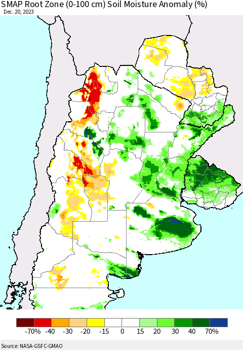 Southern South America SMAP Root Zone (0-100 cm) Soil Moisture Anomaly (%) Thematic Map For 12/16/2023 - 12/20/2023