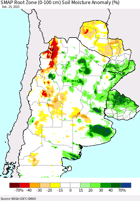 Southern South America SMAP Root Zone (0-100 cm) Soil Moisture Anomaly (%) Thematic Map For 12/21/2023 - 12/25/2023
