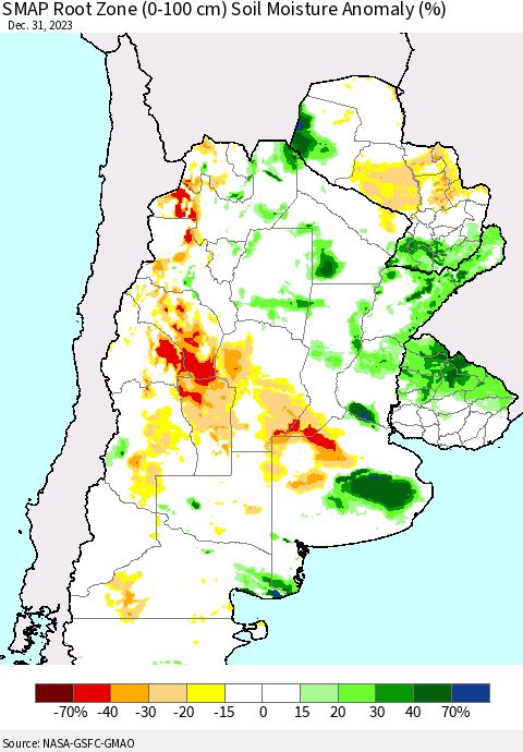 Southern South America SMAP Root Zone (0-100 cm) Soil Moisture Anomaly (%) Thematic Map For 12/26/2023 - 12/31/2023