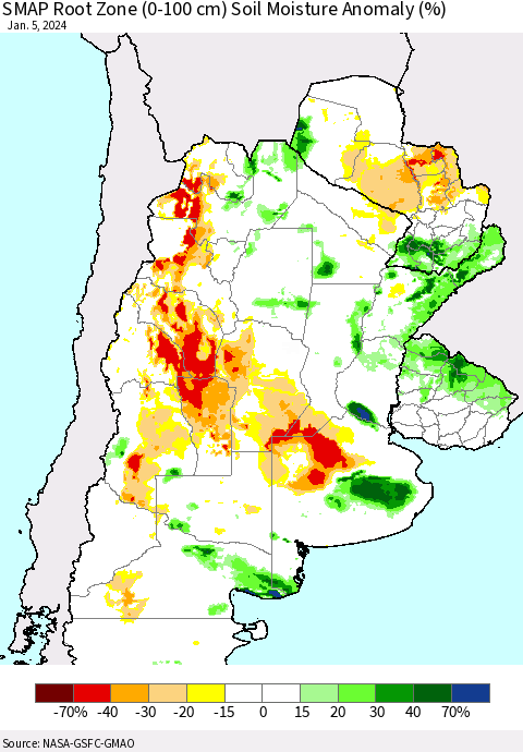 Southern South America SMAP Root Zone (0-100 cm) Soil Moisture Anomaly (%) Thematic Map For 1/1/2024 - 1/5/2024