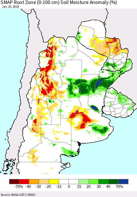 Southern South America SMAP Root Zone (0-100 cm) Soil Moisture Anomaly (%) Thematic Map For 1/6/2024 - 1/10/2024