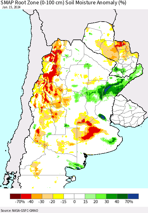 Southern South America SMAP Root Zone (0-100 cm) Soil Moisture Anomaly (%) Thematic Map For 1/11/2024 - 1/15/2024