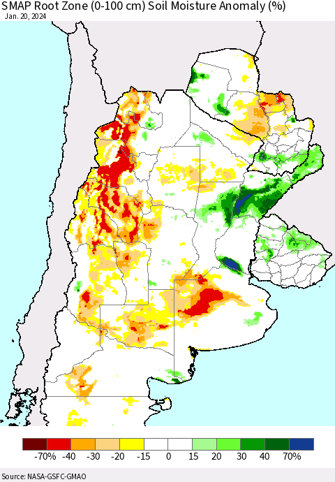 Southern South America SMAP Root Zone (0-100 cm) Soil Moisture Anomaly (%) Thematic Map For 1/16/2024 - 1/20/2024