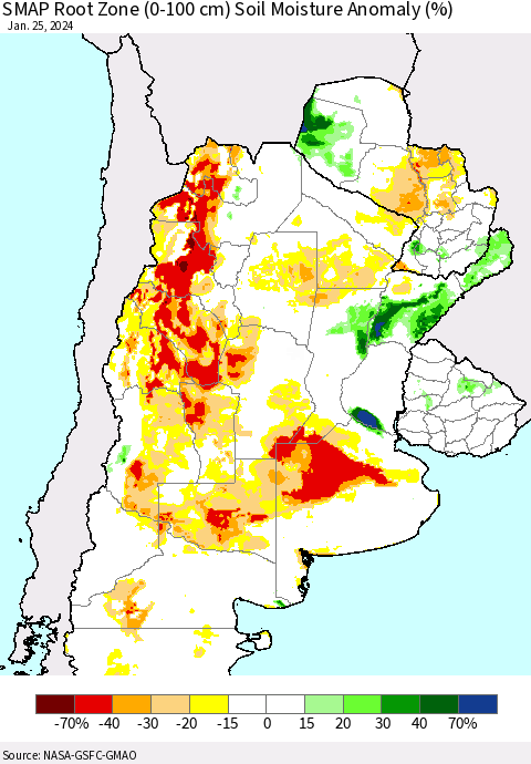 Southern South America SMAP Root Zone (0-100 cm) Soil Moisture Anomaly (%) Thematic Map For 1/21/2024 - 1/25/2024
