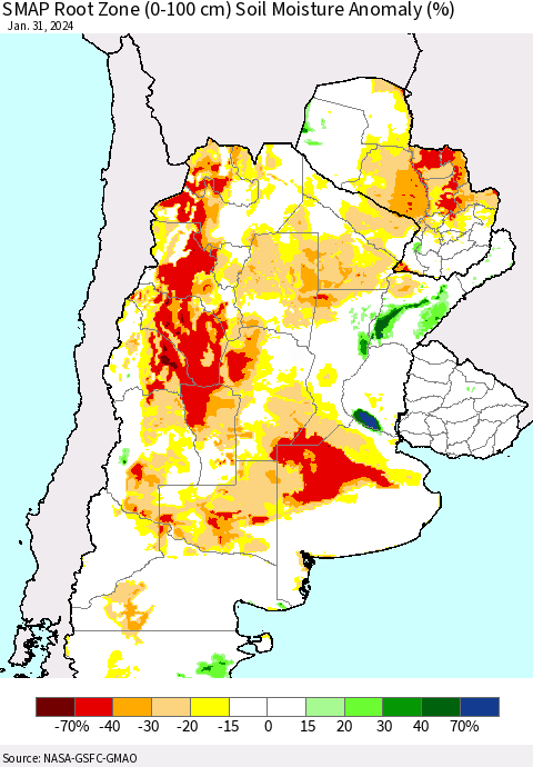 Southern South America SMAP Root Zone (0-100 cm) Soil Moisture Anomaly (%) Thematic Map For 1/26/2024 - 1/31/2024