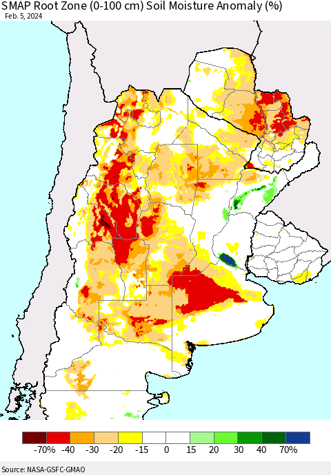 Southern South America SMAP Root Zone (0-100 cm) Soil Moisture Anomaly (%) Thematic Map For 2/1/2024 - 2/5/2024