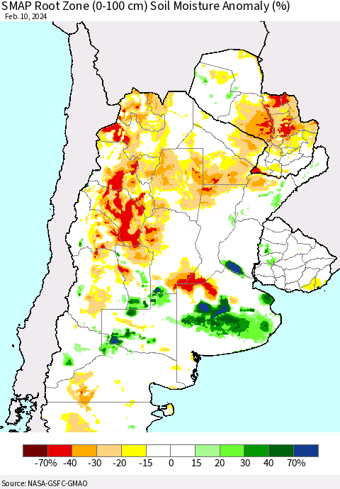 Southern South America SMAP Root Zone (0-100 cm) Soil Moisture Anomaly (%) Thematic Map For 2/6/2024 - 2/10/2024