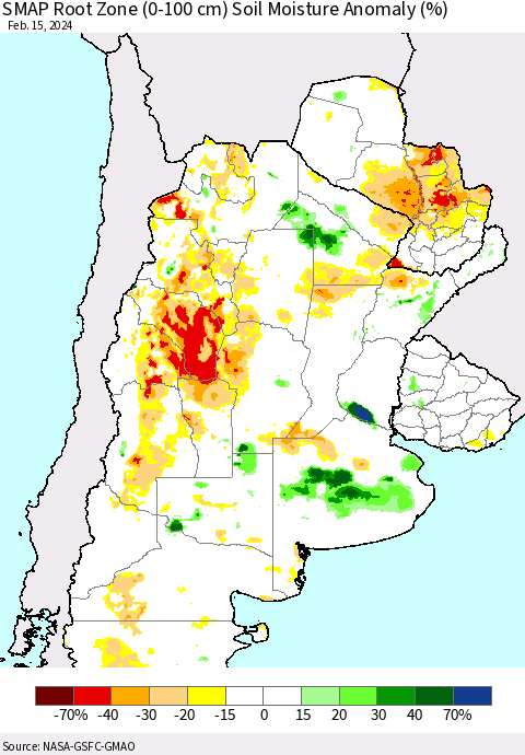Southern South America SMAP Root Zone (0-100 cm) Soil Moisture Anomaly (%) Thematic Map For 2/11/2024 - 2/15/2024