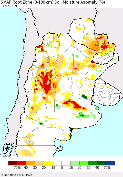 Southern South America SMAP Root Zone (0-100 cm) Soil Moisture Anomaly (%) Thematic Map For 2/16/2024 - 2/20/2024