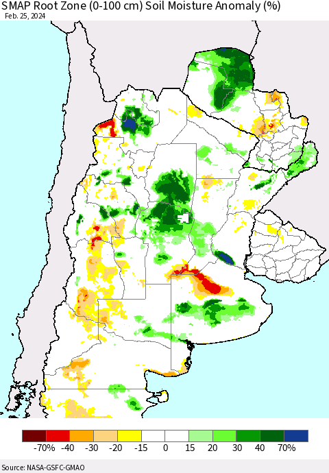 Southern South America SMAP Root Zone (0-100 cm) Soil Moisture Anomaly (%) Thematic Map For 2/21/2024 - 2/25/2024