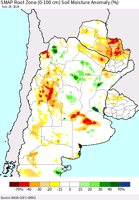 Southern South America SMAP Root Zone (0-100 cm) Soil Moisture Anomaly (%) Thematic Map For 2/26/2024 - 2/29/2024