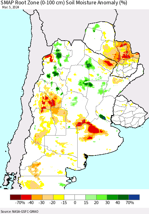 Southern South America SMAP Root Zone (0-100 cm) Soil Moisture Anomaly (%) Thematic Map For 3/1/2024 - 3/5/2024