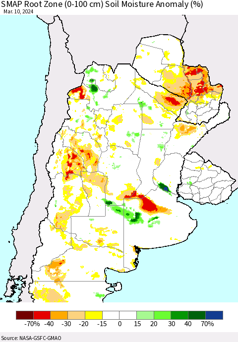Southern South America SMAP Root Zone (0-100 cm) Soil Moisture Anomaly (%) Thematic Map For 3/6/2024 - 3/10/2024