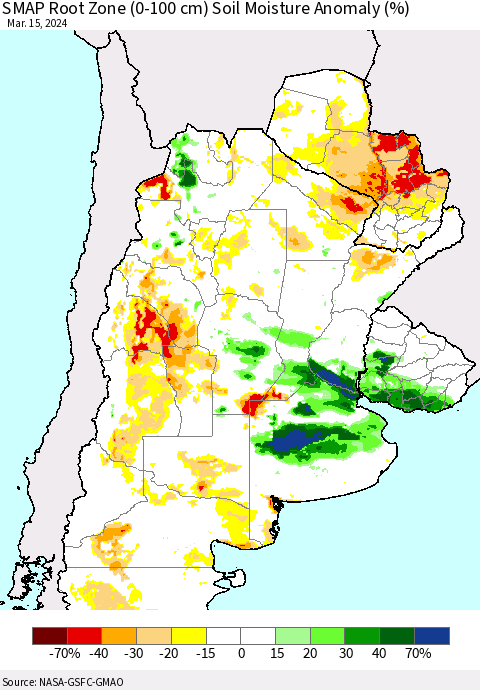 Southern South America SMAP Root Zone (0-100 cm) Soil Moisture Anomaly (%) Thematic Map For 3/11/2024 - 3/15/2024