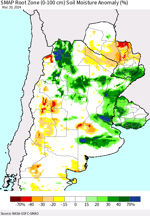 Southern South America SMAP Root Zone (0-100 cm) Soil Moisture Anomaly (%) Thematic Map For 3/16/2024 - 3/20/2024