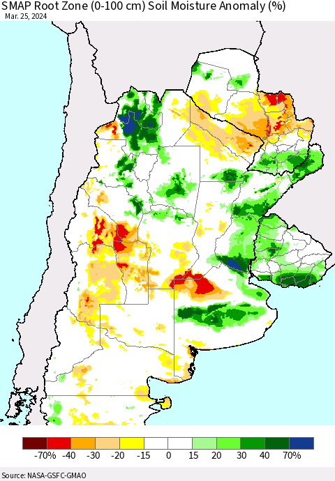 Southern South America SMAP Root Zone (0-100 cm) Soil Moisture Anomaly (%) Thematic Map For 3/21/2024 - 3/25/2024