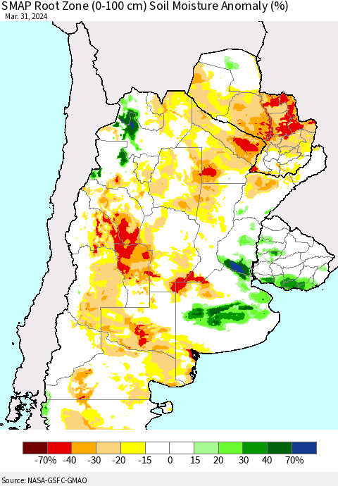 Southern South America SMAP Root Zone (0-100 cm) Soil Moisture Anomaly (%) Thematic Map For 3/26/2024 - 3/31/2024