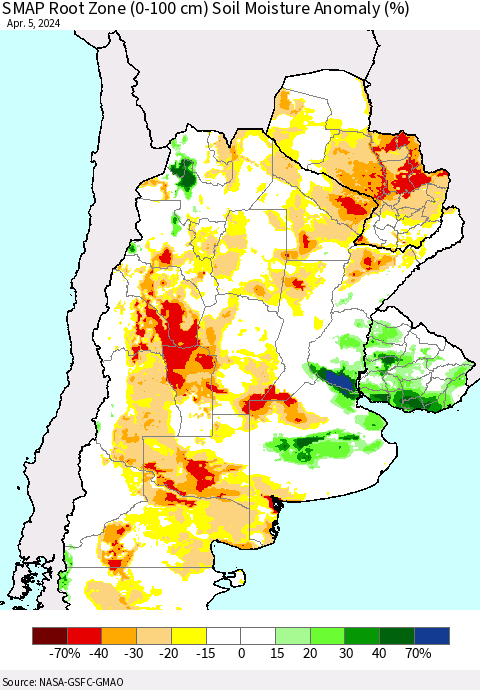 Southern South America SMAP Root Zone (0-100 cm) Soil Moisture Anomaly (%) Thematic Map For 4/1/2024 - 4/5/2024