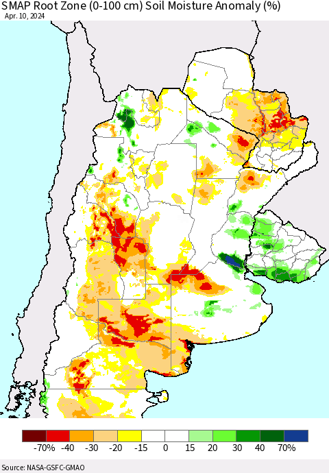 Southern South America SMAP Root Zone (0-100 cm) Soil Moisture Anomaly (%) Thematic Map For 4/6/2024 - 4/10/2024